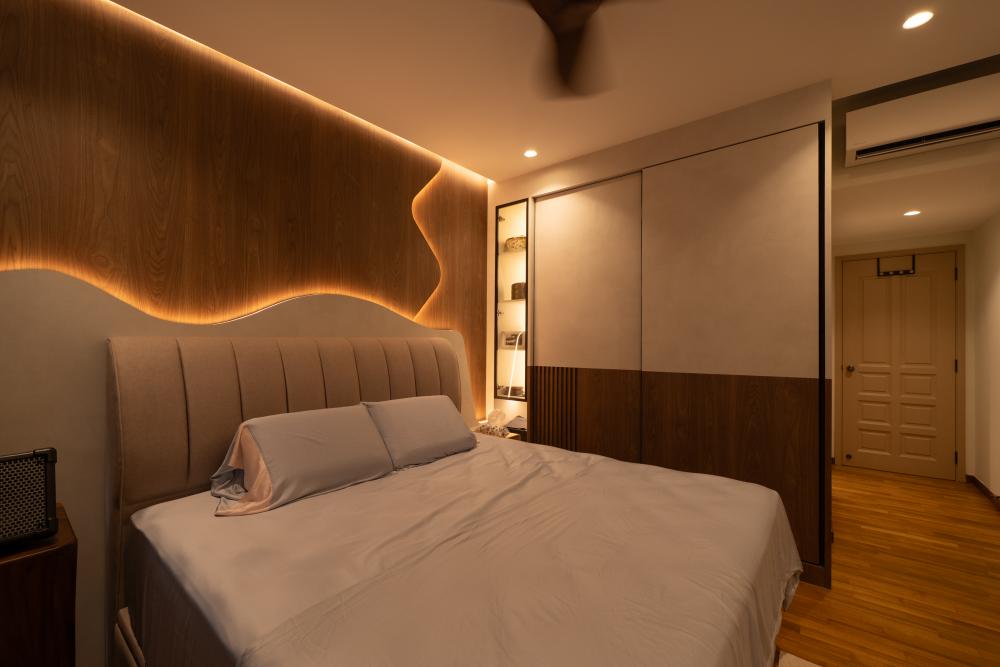 Contemporary Bedroom with Wood Flooring and Feature Wall