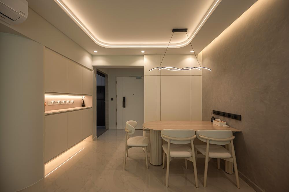 Minimalist Dining Room with Cove Lighting and Dining Table