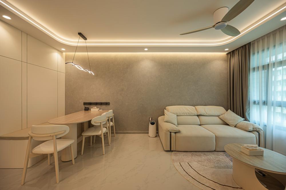 Minimalist Living Room with Feature Wall and Cove Lighting
