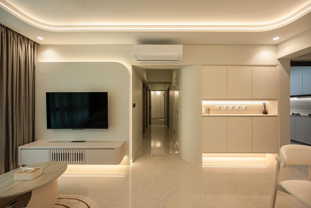 Minimalist Living Room with TV Console and Cove Lighting