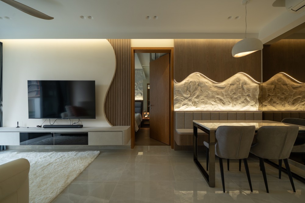 Modern Living Room with Marble Floor and TV Console
