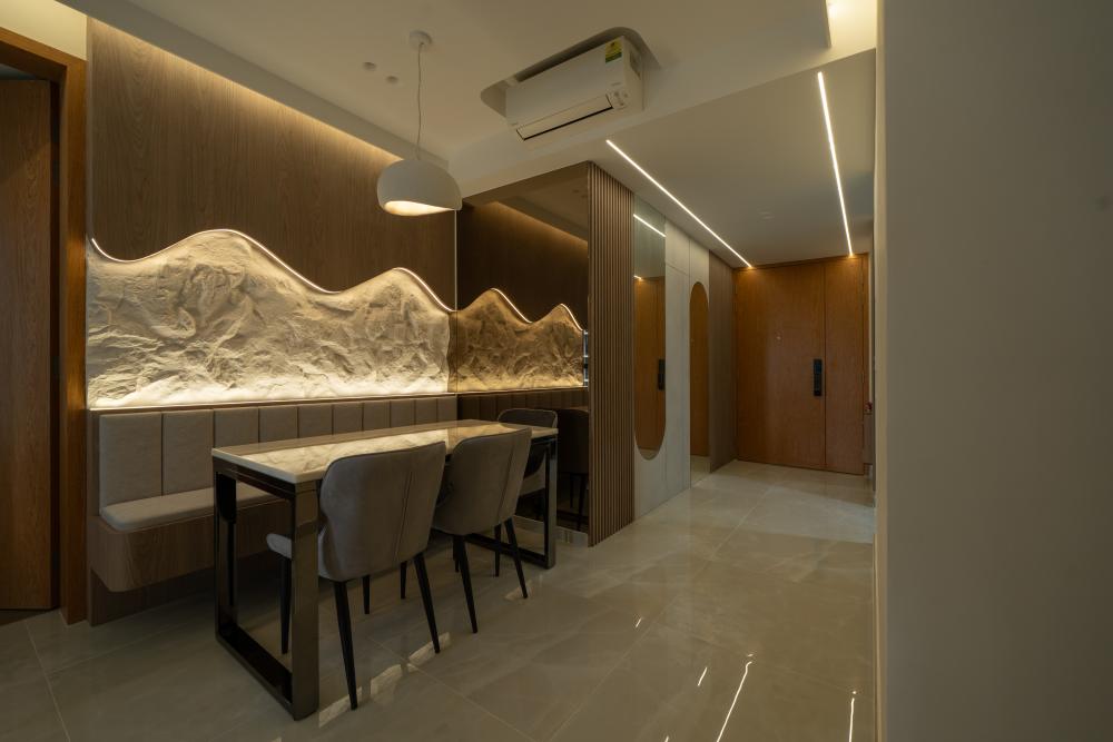 Modern Dining Room with Feature Wall and Drop Light