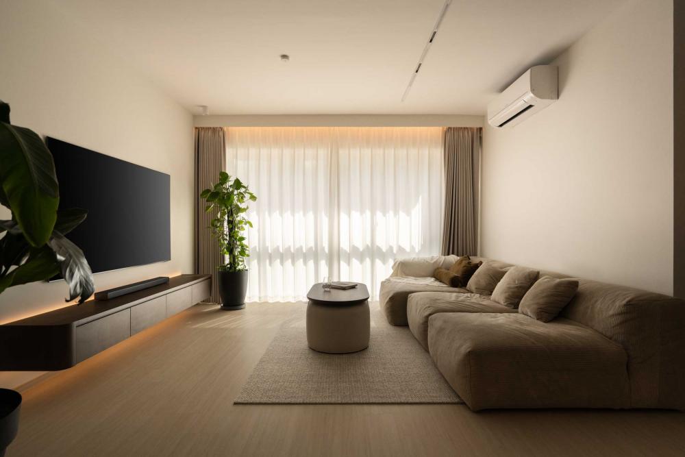 Contemporary Living Room with Vinyl Flooring and TV Console