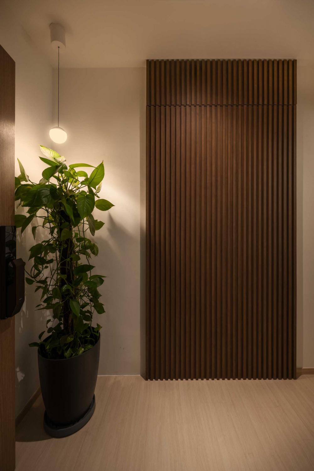Contemporary Entryway with Vinyl Flooring and Feature Wall