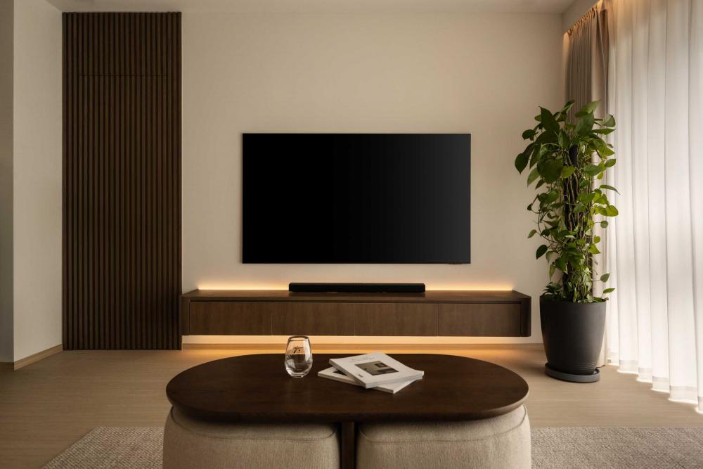 contemporary-living-room-with-vinyl-flooring-and-tv-console