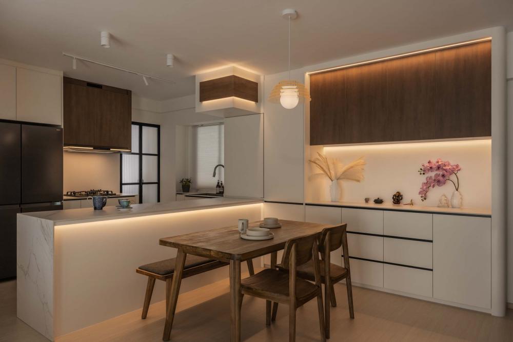 Contemporary Dining Room with Countertop and Kitchen Island