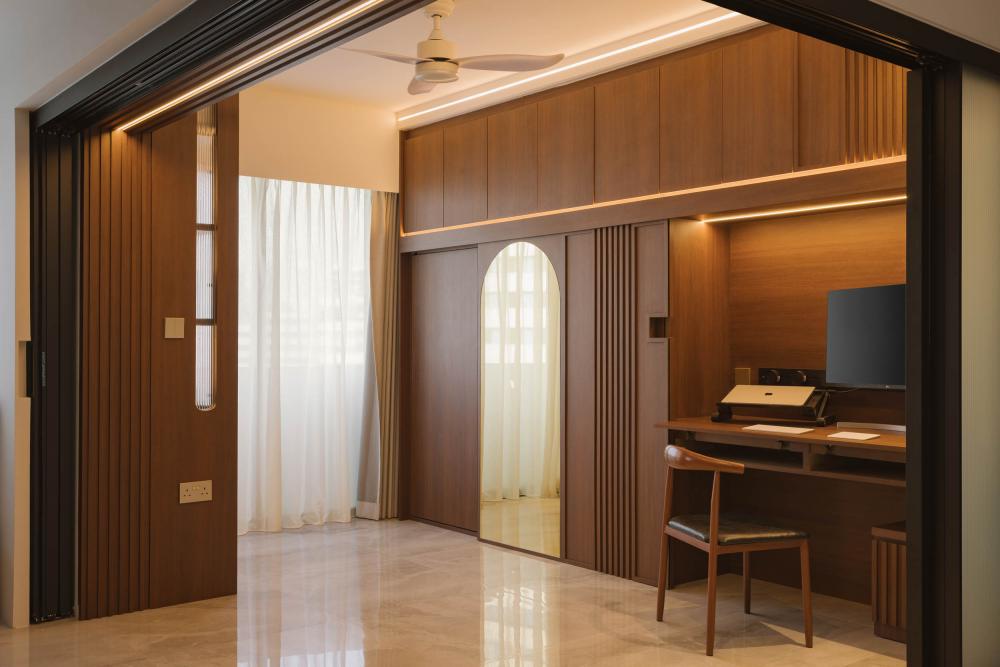 Modern Bedroom with Homogeneous Tiles and Mirror