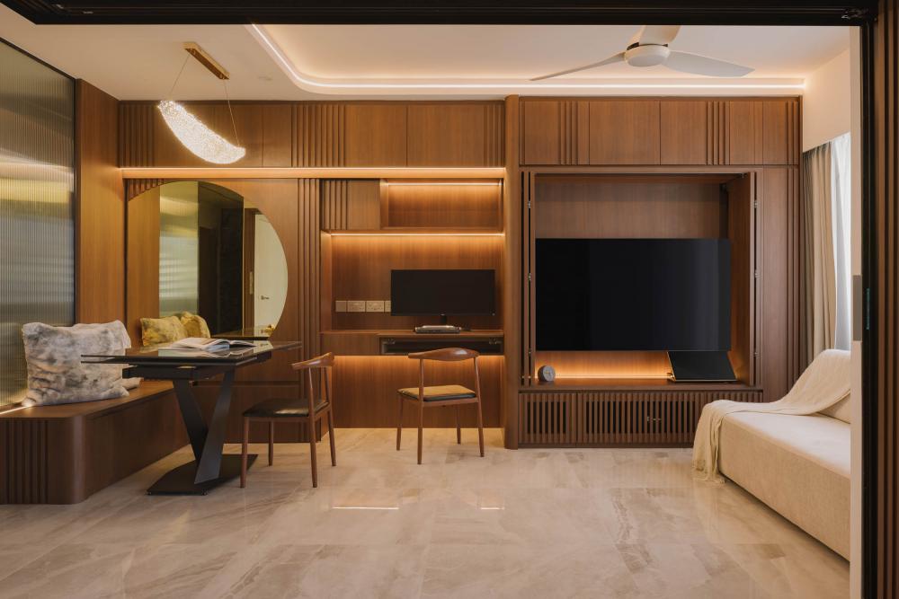Modern Living Room with Homogeneous Tiles and TV Console