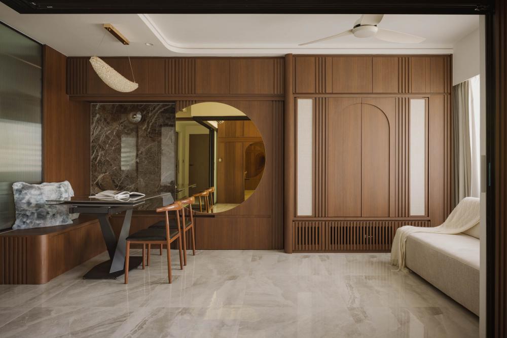 Modern Living Room with Homogeneous Tiles and Feature Wall