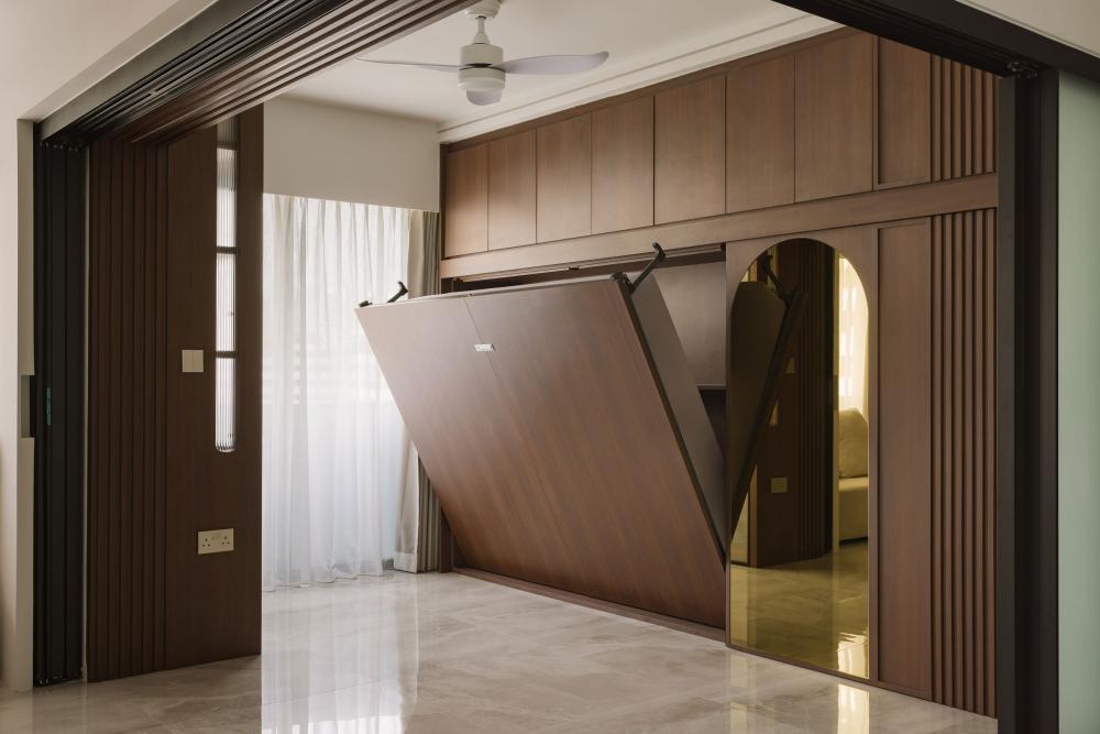 Modern Bedroom with Homogeneous Tiles and Mirror