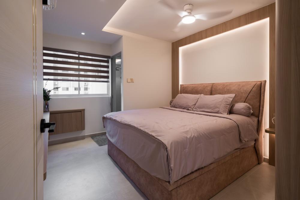Scandinavian Bedroom with Bookshelf and Cove Lighting