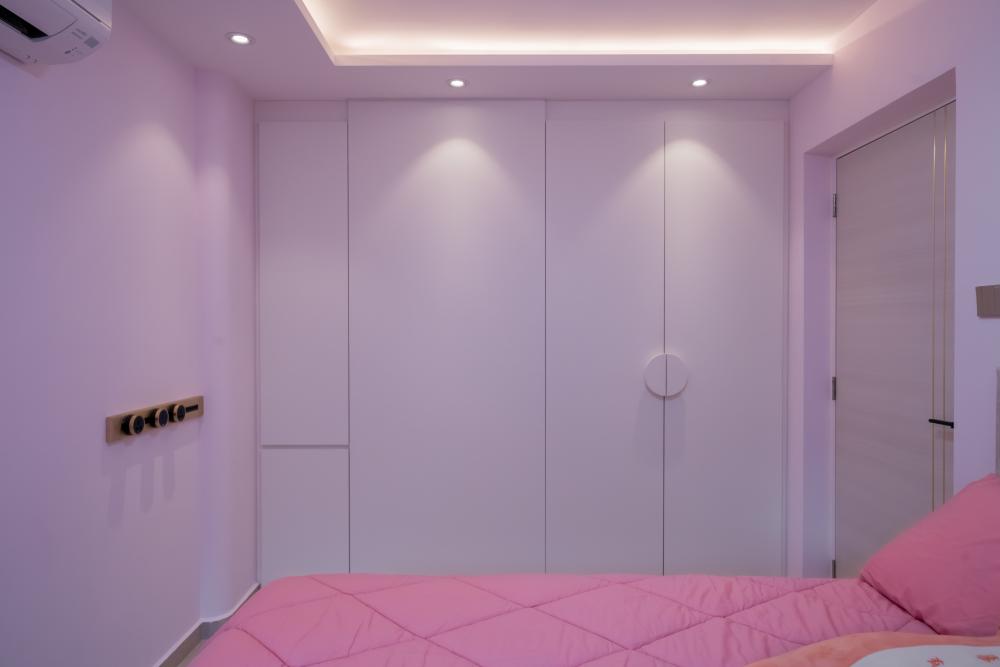 Scandinavian Bedroom with Cove Lighting and Drop Ceiling