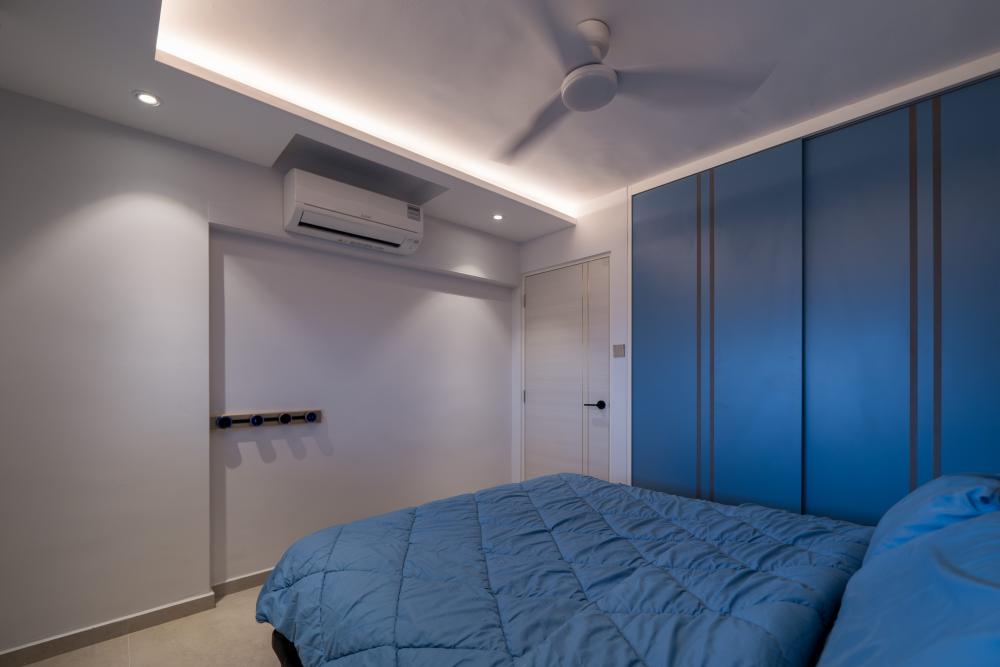 Scandinavian Bedroom with Cove Lighting and Drop Ceiling