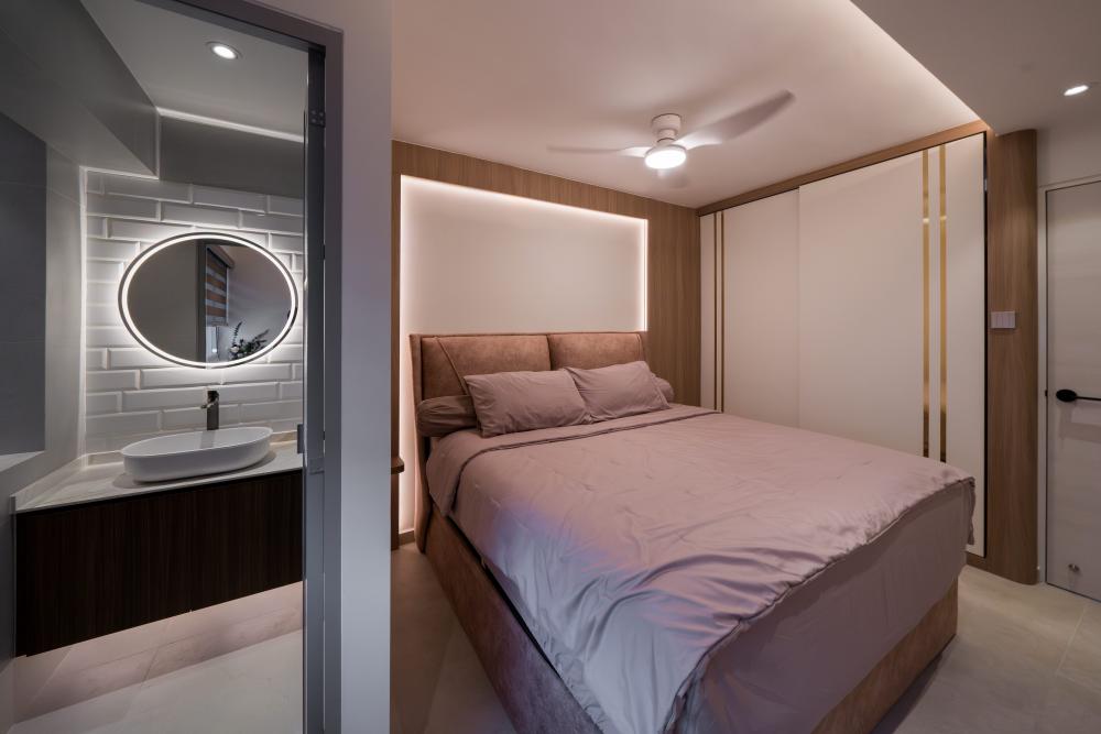 Scandinavian Bedroom with Cove Lighting and Drop Ceiling