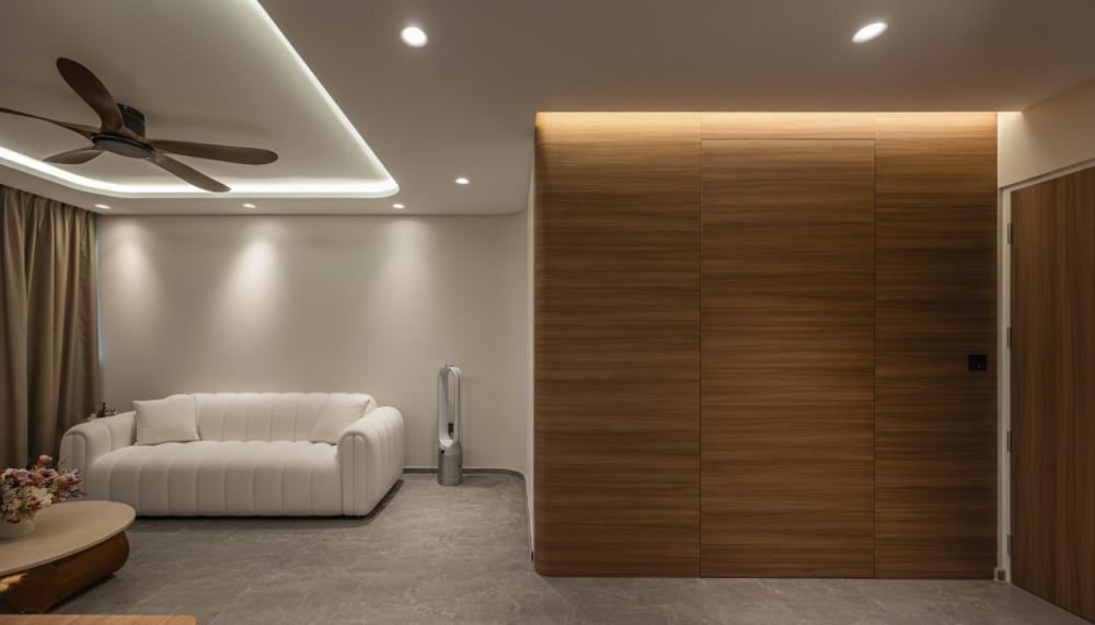 Minimalist Living Room with Feature Wall and Shoe Rack