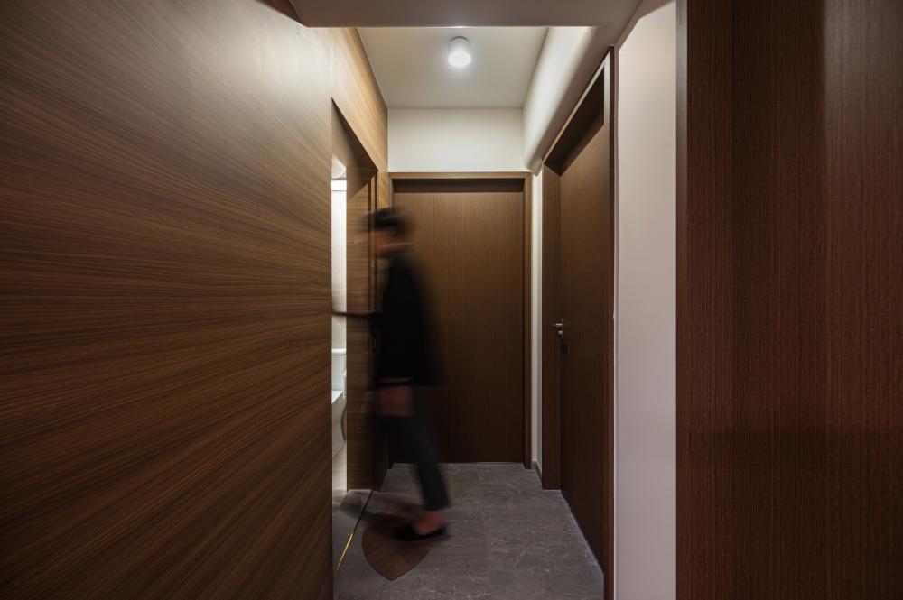 Minimalist Hallway with Feature Wall and Drop Ceiling