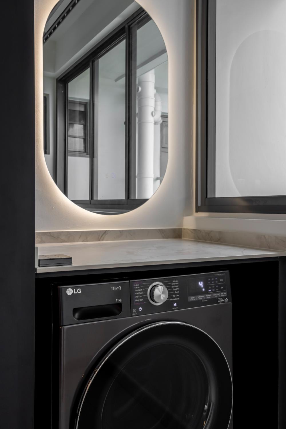 Modern Service Yard with Mirror and Washing Machine