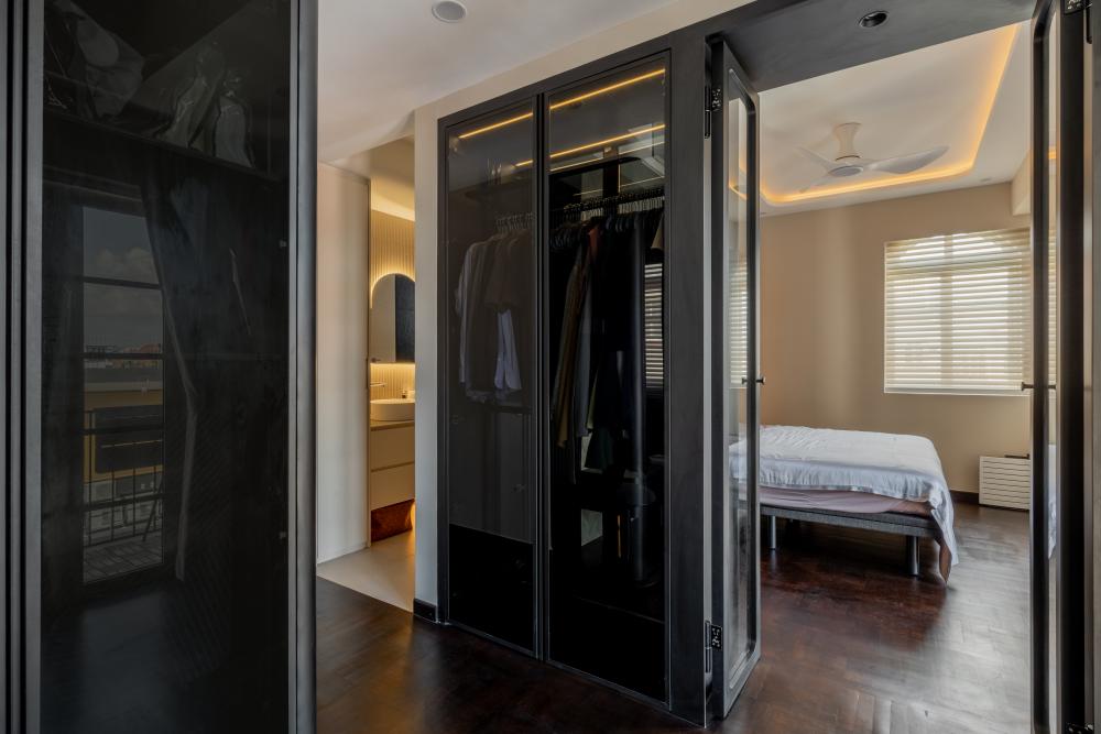Minimalist Bedroom with Wood Flooring and Cove Lighting