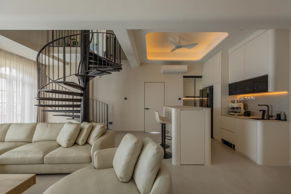 Minimalist Living Room with Staircase and Cove Lighting
