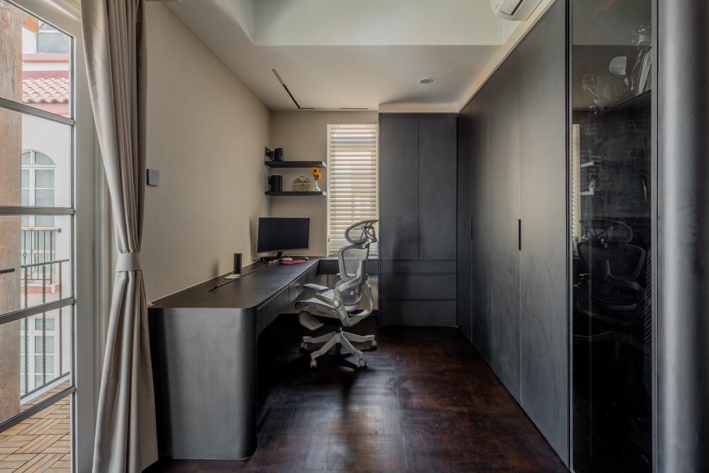 Minimalist Bedroom with Wood Flooring and Glass Door