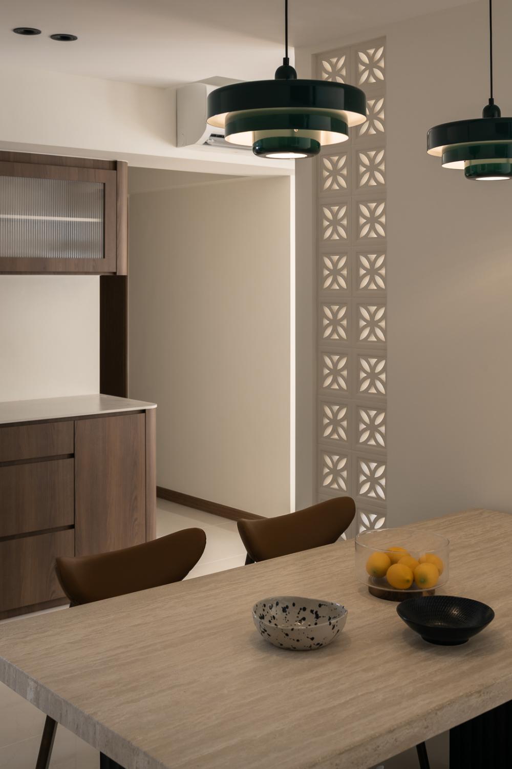 Transitional Dining Room with Feature Wall and Dining Table
