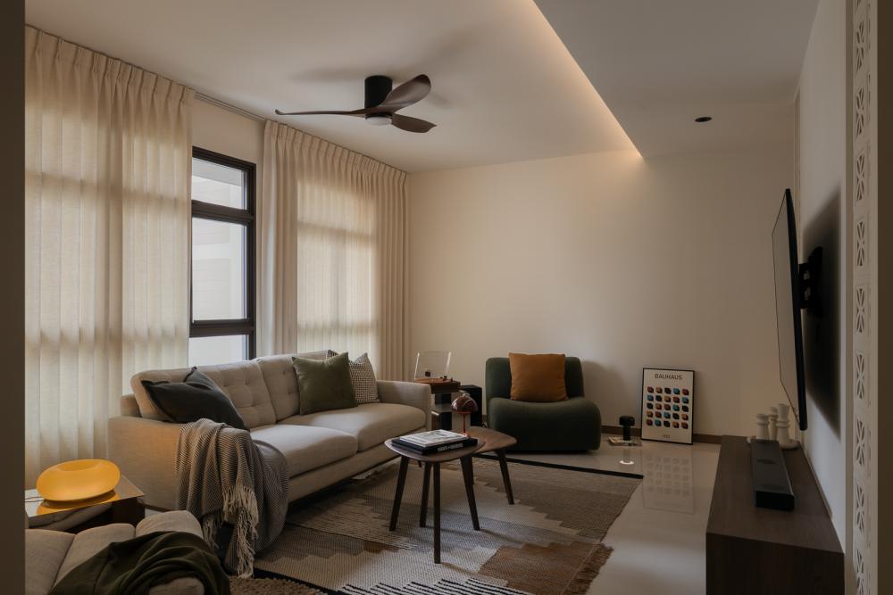 Transitional Living Room with TV Console and Feature Wall