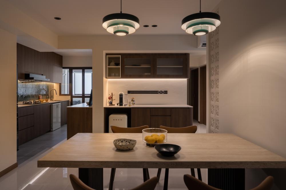 Transitional Dining Room with Feature Wall and Dining Table