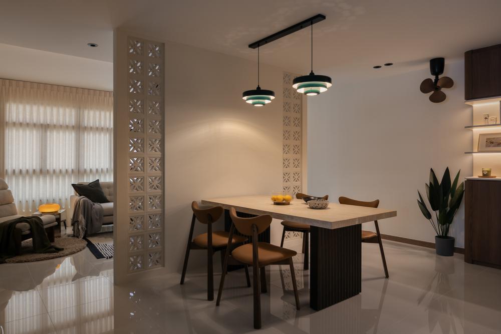 Transitional Dining Room with Dining Table and Lighting