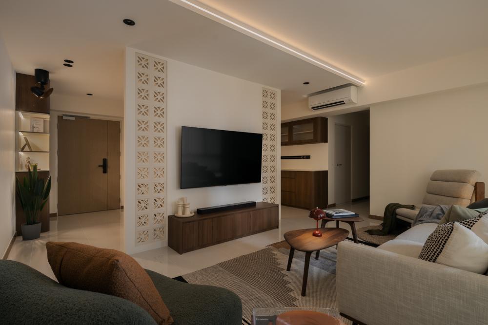 Transitional Living Room with TV Console and Feature Wall