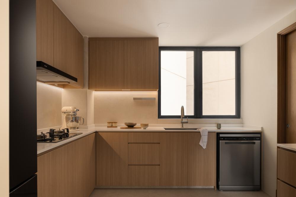 Asian Kitchen with Countertop and Homogeneous Tiles