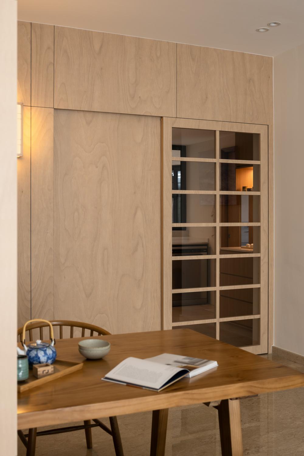 Asian Kitchen with Feature Wall and Doors