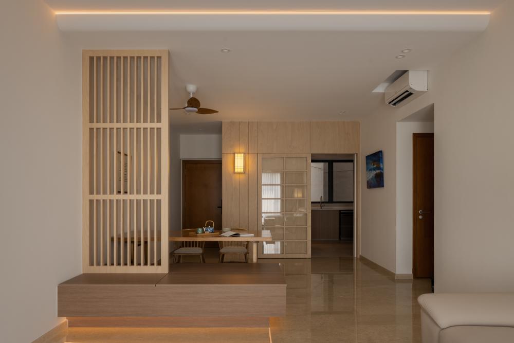Asian Dining Room with Cove Lighting and Dining Table