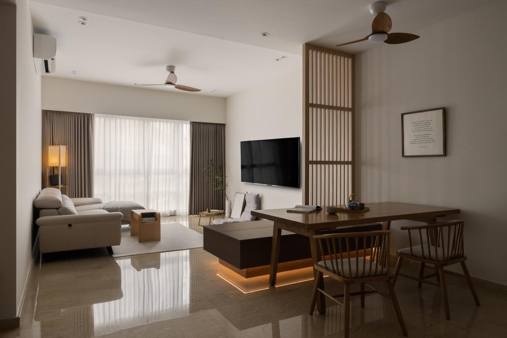 Asian Living Room with Marble Floor and Dining Table