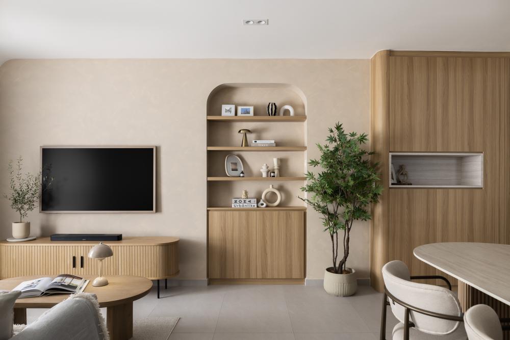 Modern Living Room with Bookshelf and Homogeneous Tiles