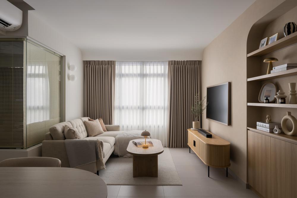 Modern Living Room with Bookshelf and Homogeneous Tiles
