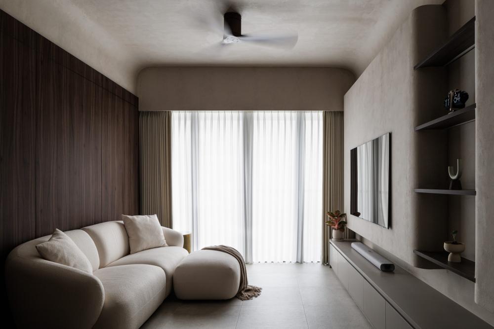Contemporary Living Room with Homogeneous Tiles and TV Console