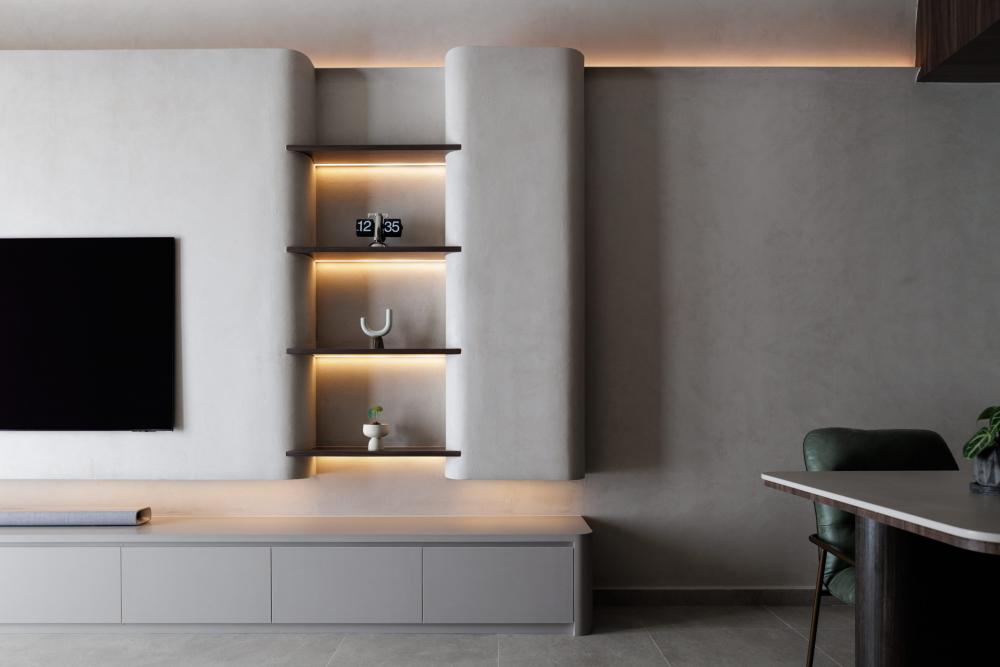 Contemporary Living Room with Kitchen Island and Paintings