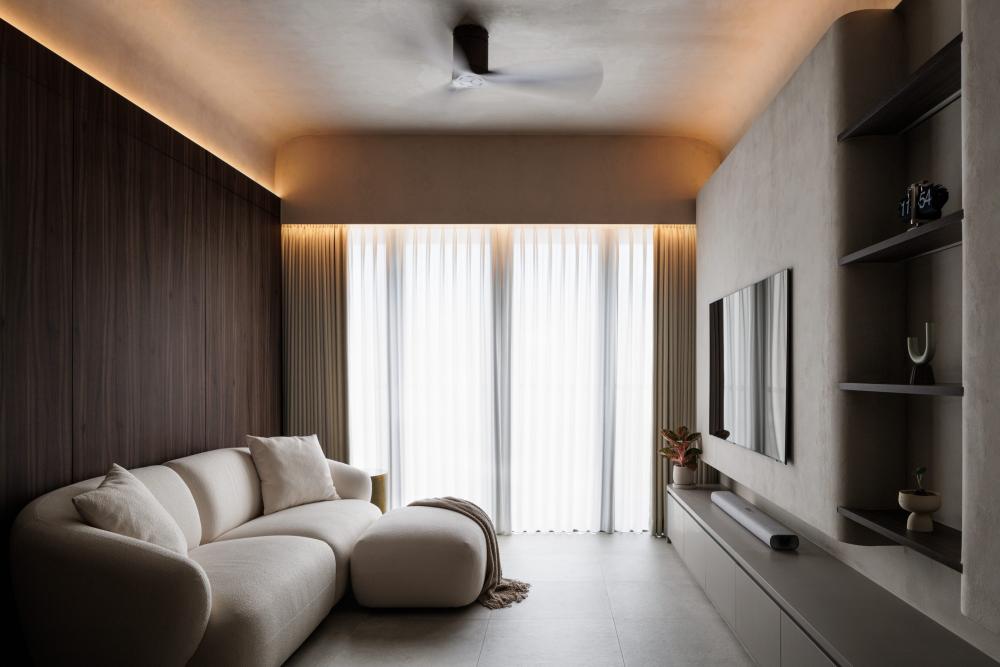 Contemporary Living Room with Homogeneous Tiles and TV Console