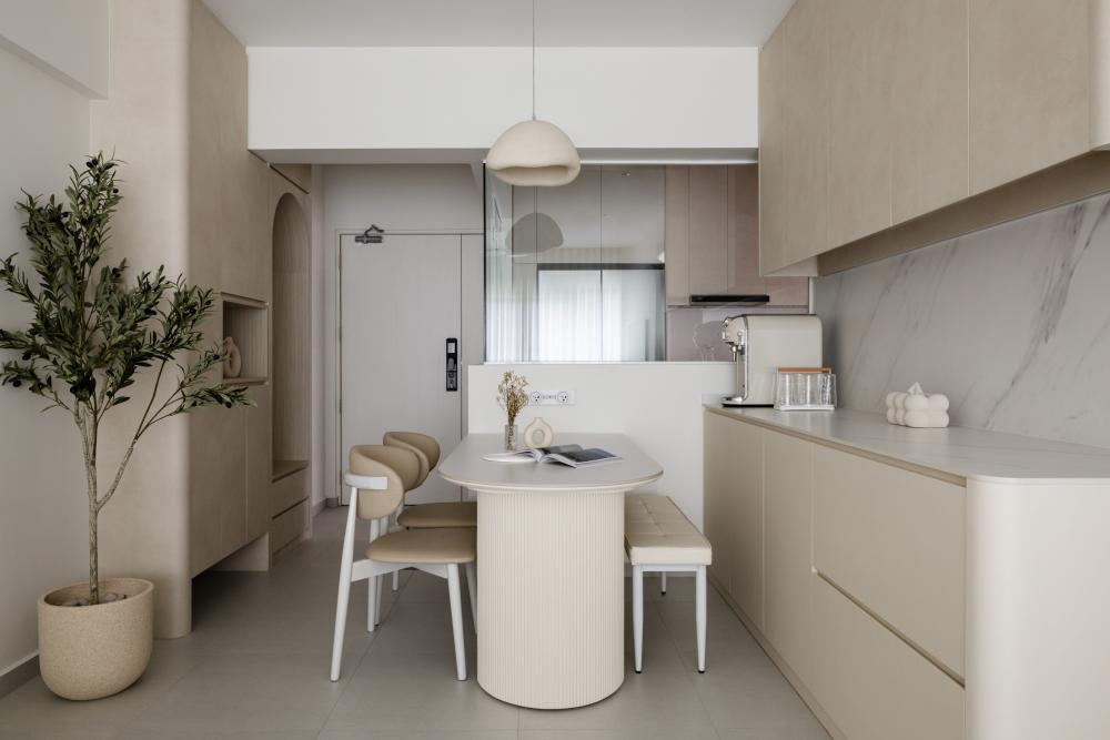 Minimalist Dining Room with Settee and Feature Wall