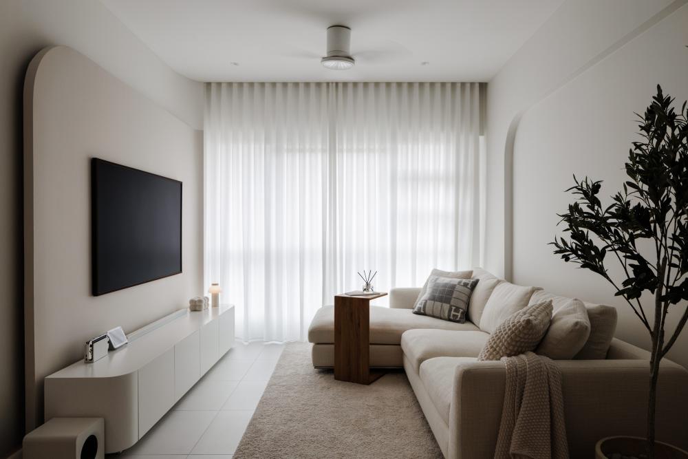 Minimalist Living Room with Homogeneous Tiles and Feature Wall