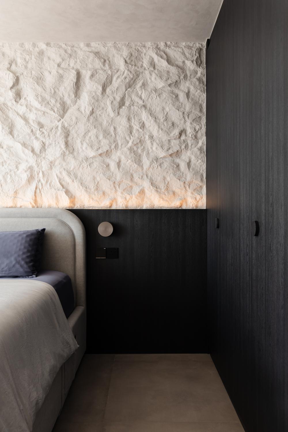 Contemporary Bedroom with Homogeneous Tiles and Feature Wall