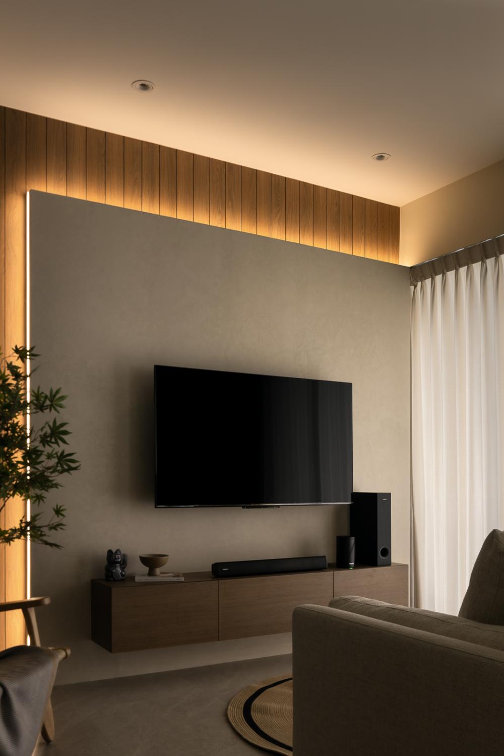 Asian Living Room with TV Console and Feature Wall