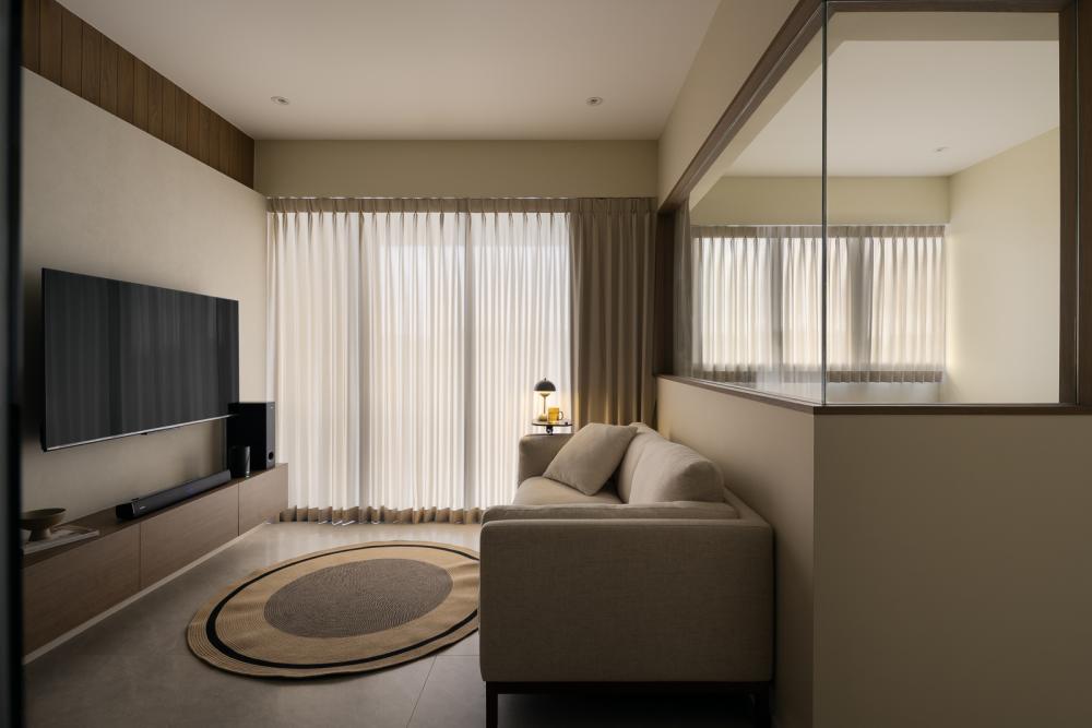 Asian Living Room with Homogeneous Tiles and TV Console