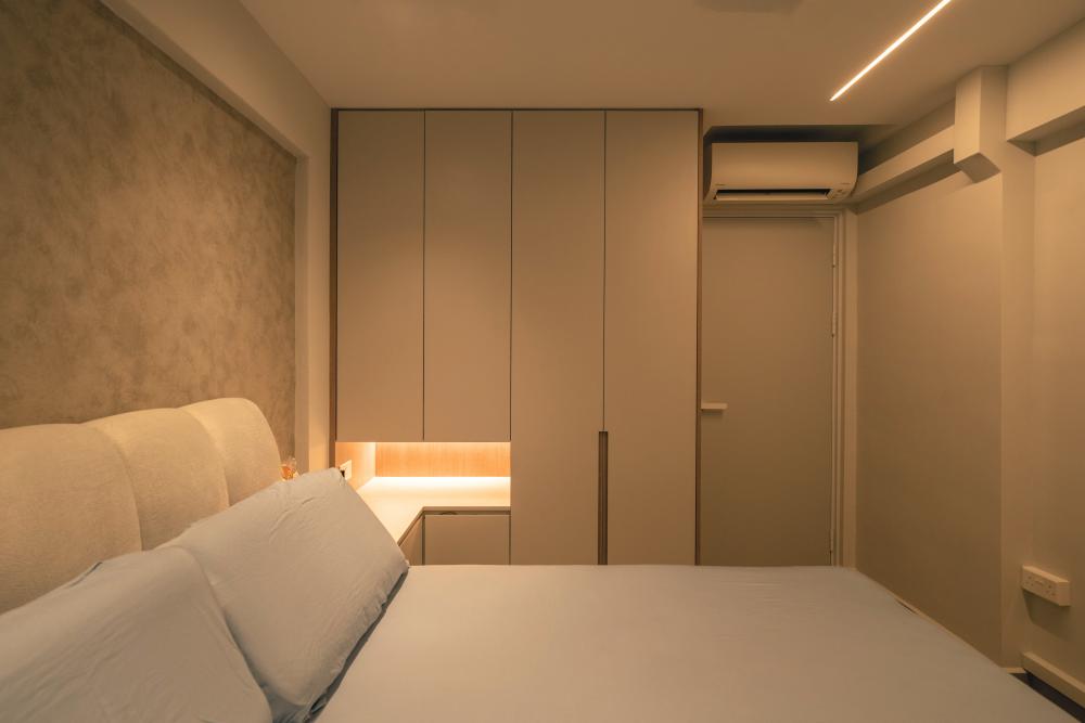 Modern Bedroom with Homogeneous Tiles and Wardrobe