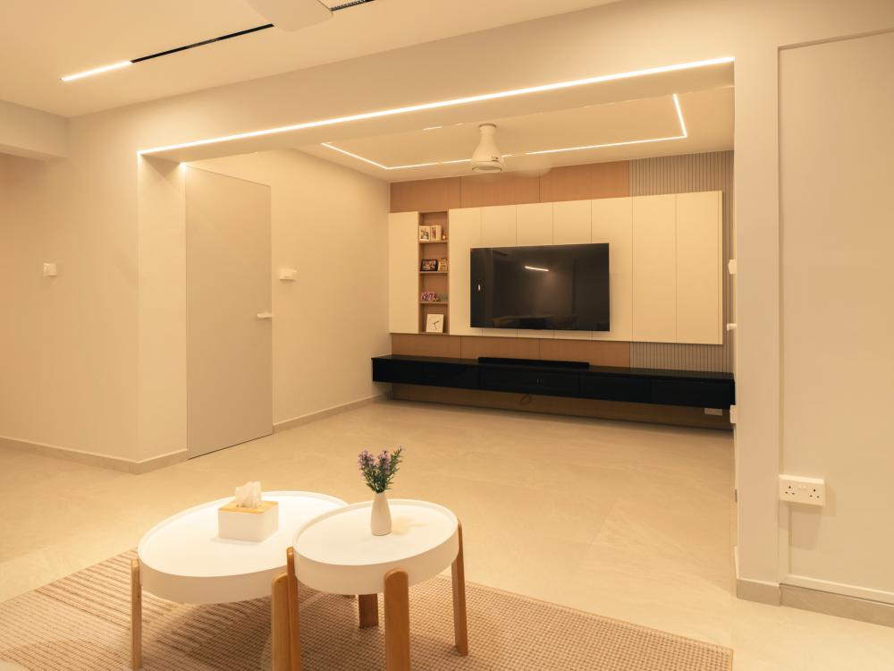 Modern Living Room with TV Console and Drop Ceiling