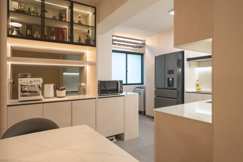 Minimalist Kitchen with Herringbone Tiling and Kitchen Window