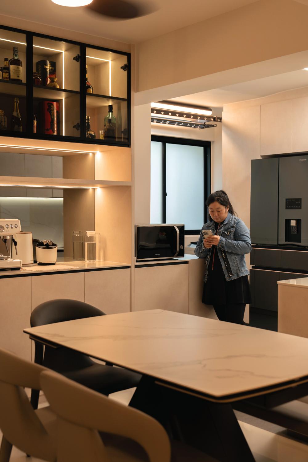Minimalist Dining Room with Cove Lighting and Drop Ceiling