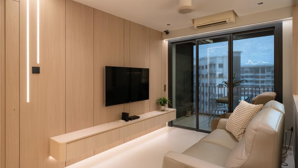 Contemporary Living Room with TV Console and Feature Wall