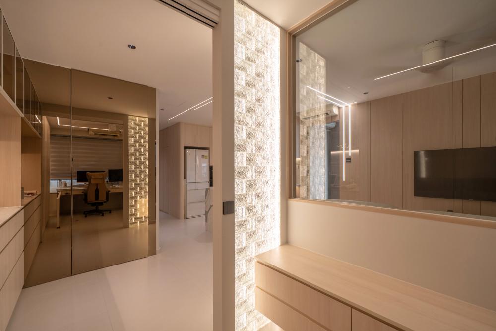 Contemporary Home Office with Storage Cabinets and Wall Shelves