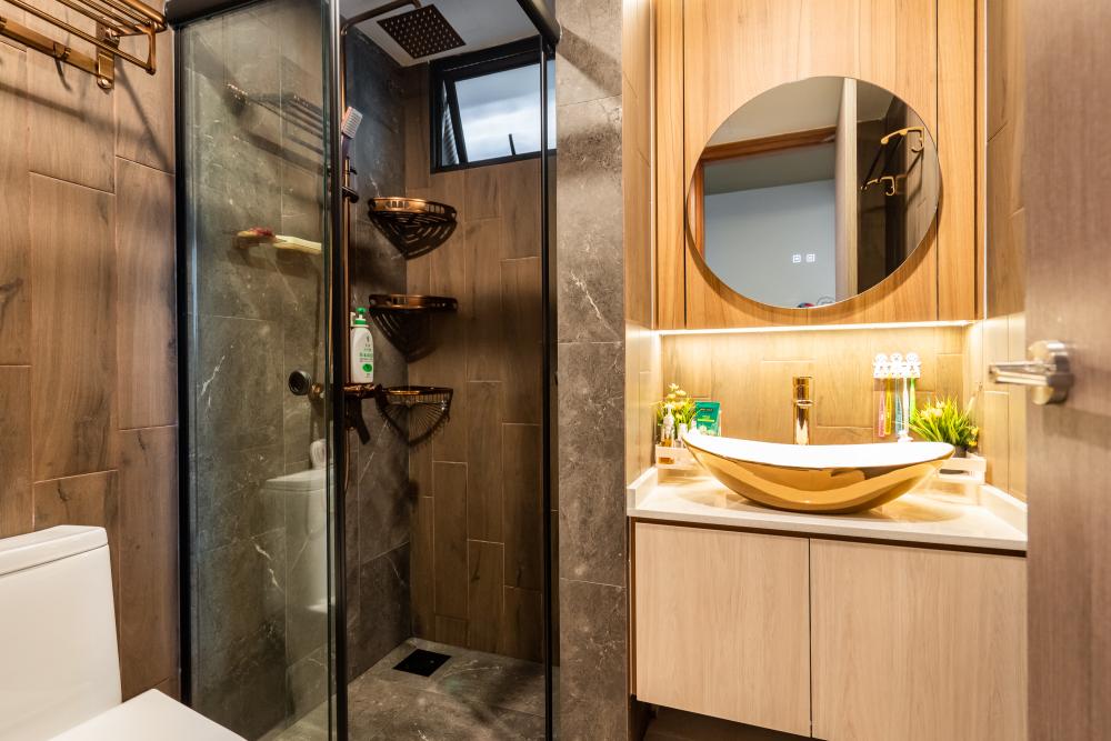 Asian Bathroom with Marble Floor and Wood Flooring